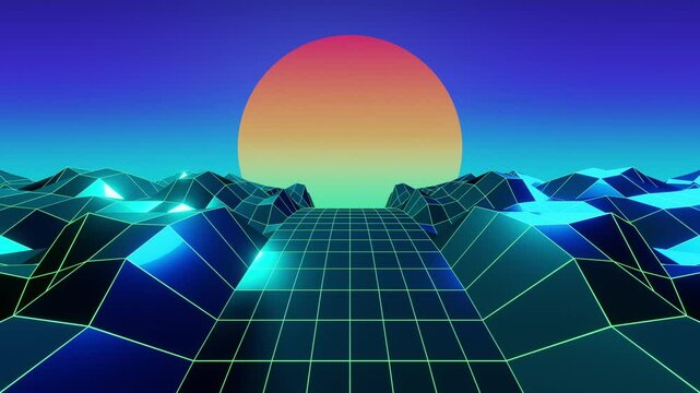 Neon Retro Sythwave outrun style Polygonal Road Animated Background with seamless Looping UHD 4K Green Blue Turquoise 