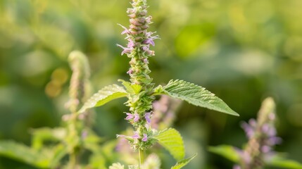  A tight shot of a plant displaying purple blooms in the foreground, backed by a hazy expanse of green foliage