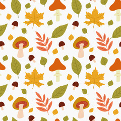 Obraz premium Autumn Seamless Pattern on White Background, Mushrooms and Leaves Seamless Pattern