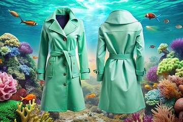 Draped elegantly over a serene coral reef, the mint green trench coat's curvy fit boat neck design shines, showcasing marine life amidst gentle waves.