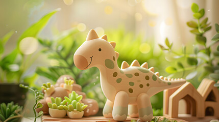 Naklejka premium Cute Wooden Dinosaur Doll Painted with Pastel Colors with Blurry Light Green Background