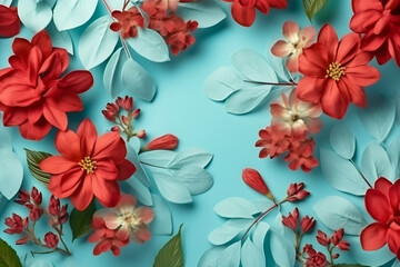 Arrangement of red flowers against a blue background. Blooming concept. Flat lay
