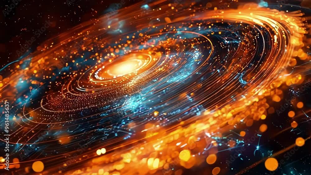 Poster orange and blue lights creating a futuristic technological background with data transferring through