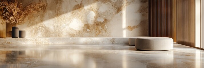 A modern and stylish interior design featuring a warm golden marble wall, a white furniture piece, and natural light illuminating the space. This image evokes a sense of calm, elegance, and sophistica
