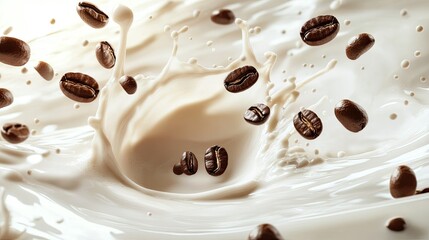 Fototapeta premium A swirling splash of coffee and milk, with coffee beans falling into the mix, creating a vibrant and energizing coffee scene.