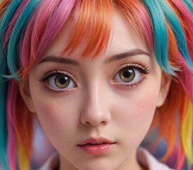 Fototapeta premium Close-up of an anime-inspired girl with large, expressive eyes and colorful hair, featuring detailed and soft lighting.