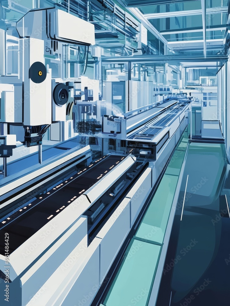 Poster a modern industrial automation production line in a clean and organized factory setting. the line fe