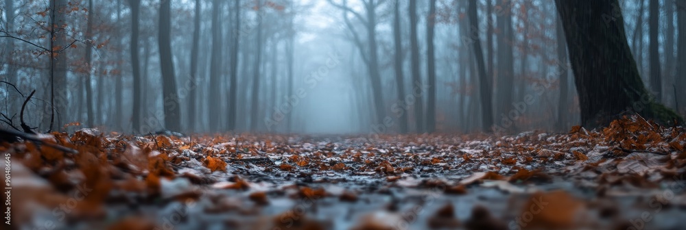 Poster a mysterious and serene forest path leading into the distance, shrouded in a thick fog. the path is 