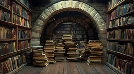 Obraz premium A mysterious and intriguing library with a large stone archway, leading to a vast collection of books. Stacks of books are piled high, symbolizing knowledge, history, and the pursuit of learning. The 