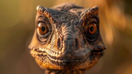 Fototapeta premium A sharp lizard face against a softly blurred background, and a similarly blurred depiction of the reptile's head