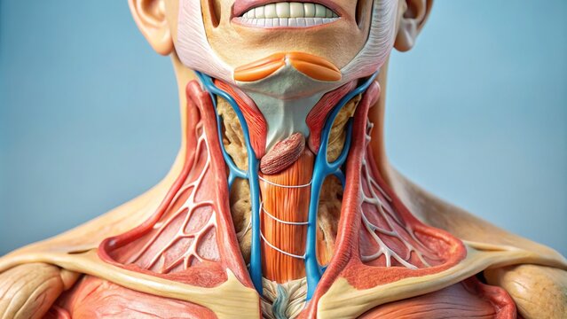 In this detailed anatomy image, a preserved human larynx specimen is isolated, featuring a clearly labeled thyrohyoid membrane, showcasing the intricate structure of the human vocal apparatus.