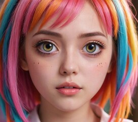 Fototapeta premium Close-up of an anime-inspired girl with large, expressive eyes and colorful hair, featuring detailed and soft lighting.