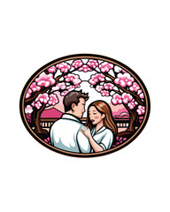 Editable stroke vector illustration of a couple taking photos in a beautiful setting, framed by a blooming cherry blossom tree.