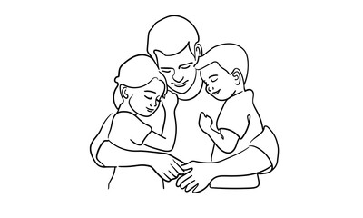 Father and two chieldrens  continuous line art drawing isolated on white background. Fathers day. Vector illustration	