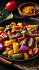 Delicious Lomo Saltado with fried pieces of beef, onions and potatoes, Peruvian cuisine