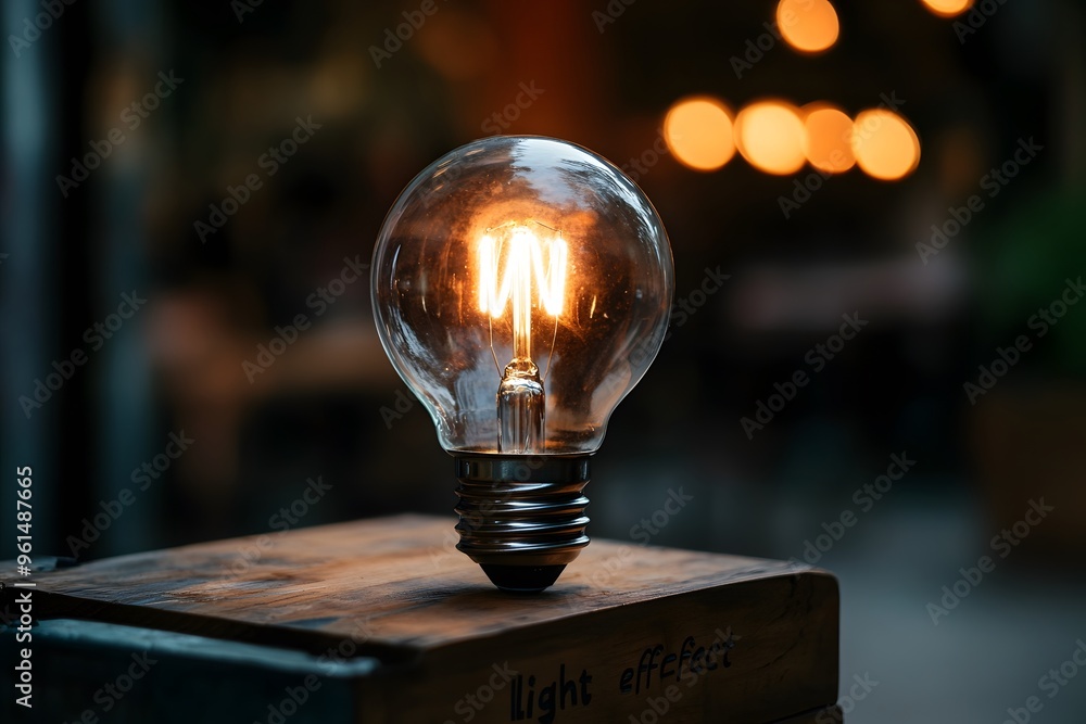 Poster illuminated lightbulb on wooden surface with bokeh background