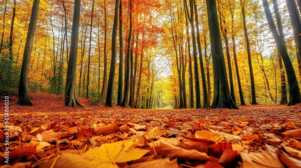Poster a picturesque autumn forest scene with a path lined by tall trees adorned in vibrant foliage. the gr