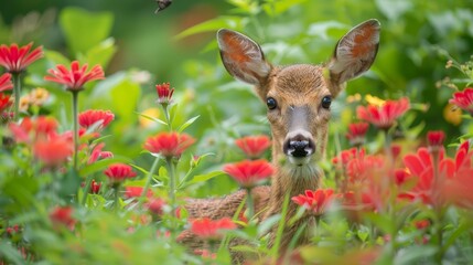  A tight shot of a deer in a flower-filled meadow with a winged creature flying overhead among the blooms
