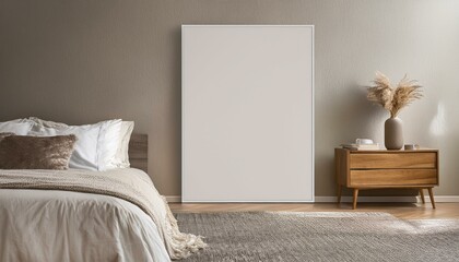 Mockup Vertical white framed blank poster in Beautiful Decorated Bedroom, Minimalist Decor