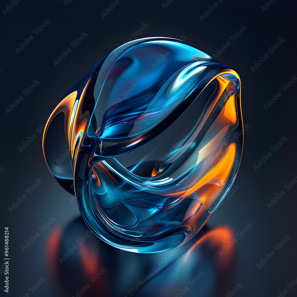 Poster abstract liquid glass form with blue and orange light. modern geometric shape with dynamic reflectio