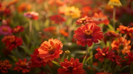  A field brimming with red and yellow blooms, sun casting light through their petals