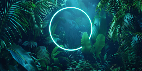 A close up of a circular neon frame surrounded by tropical plants generative ai
