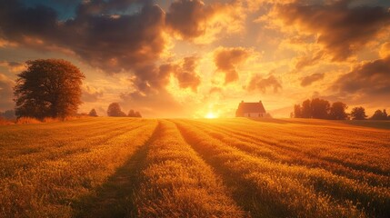 Fototapeta premium A picturesque scene of a golden sunset over a peaceful countryside. The setting sun casts a warm glow on a field of golden grass, with a small farmhouse silhouetted in the distance. The sky is ablaze