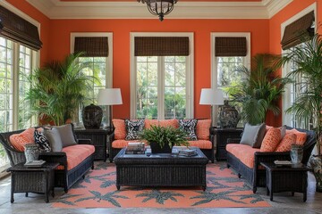 Fototapeta premium A vibrant living room with tropical decor and comfortable seating.