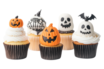 Halloween themed cupcakes with pumpkin faces, witch hat and bat isolated on white background. Festive and fun dessert for Halloween celebrations and parties