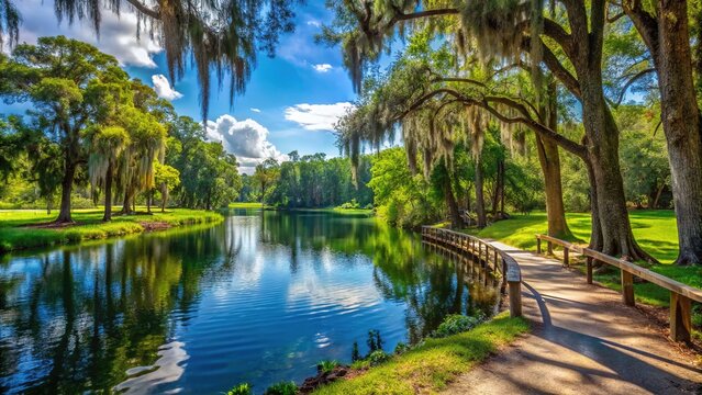 Serenene forest surroundings with walking trails, lush greenery, and tranquil lake views at a popular recreational destination in Ocala, Florida.