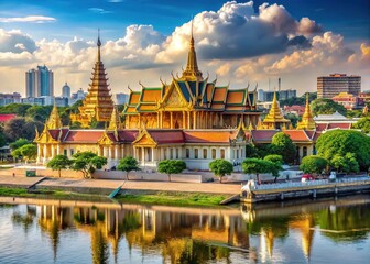 Serene riverside panorama in Phnom Penh, Cambodia, features majestic royal palace, historic buildings, and vibrant street life along tranquil Tonle Sap River's lush banks.