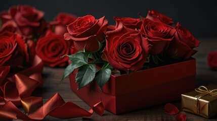 Red rose and red gift copy space