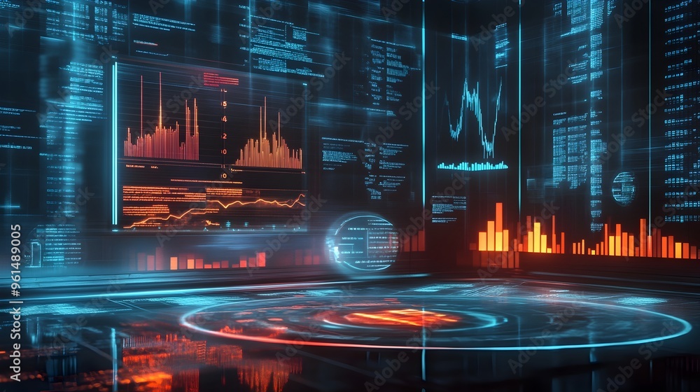Poster a visually striking hologram displaying detailed financial charts investment graphs and data analyti