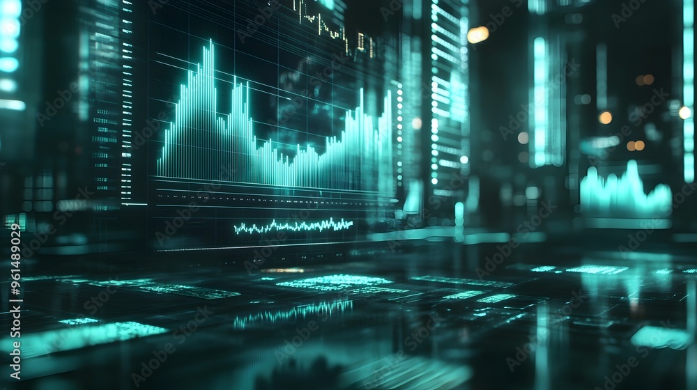 Poster holographic display showcasing dynamic financial charts graphs and data visualizations for investmen
