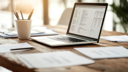 Obraz premium Laptop on a wooden desk with ERP interface visible, surrounded by business documents, clean workspace, no people
