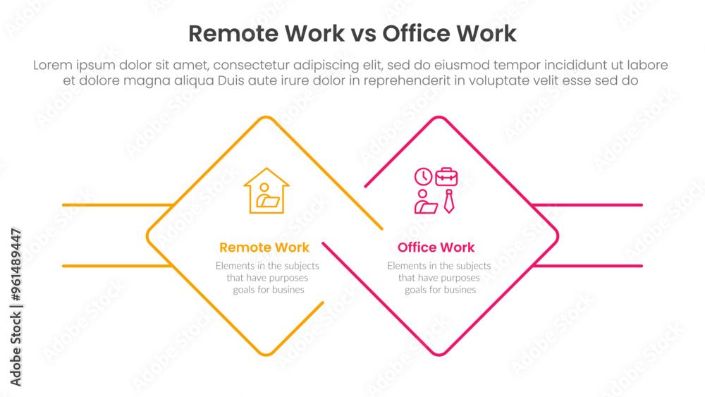 Poster remote work vs office work comparison concept for infographic template banner with diamond outline s
