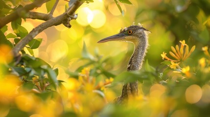  A bird perched on a tree branch, focused image, background of leafy texture softly blurred, yellow flower distinctly present in foreground