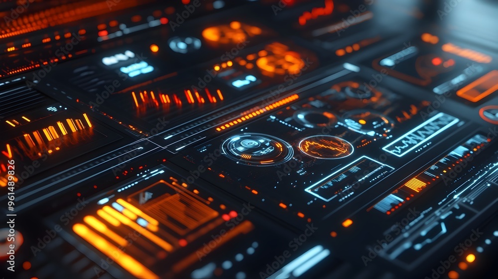 Poster futuristic holographic display showcasing a comprehensive financial analysis tool with a variety of 