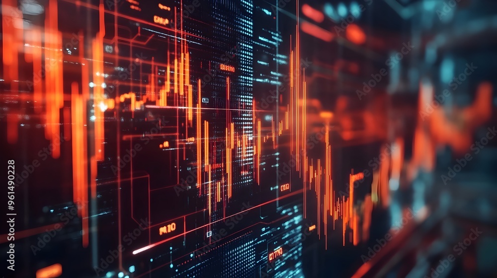Poster holographic projection displaying dynamic visualizations and data analytics of cryptocurrency market