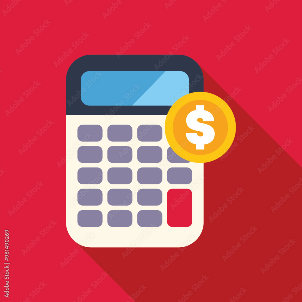 Poster calculator displaying financial data and coin with dollar sign showing profitable investment