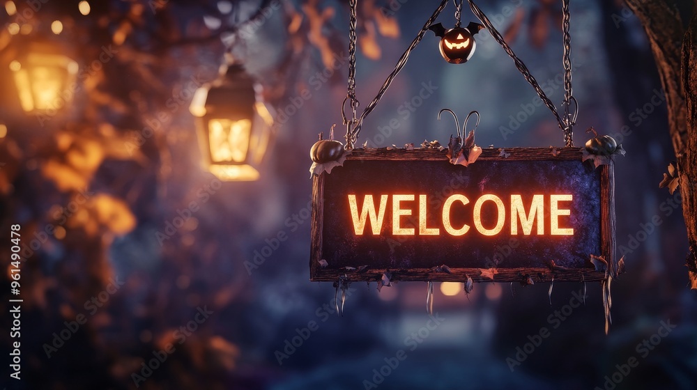 Poster a rustic wooden welcome sign hangs from a chain in a dark forest setting, illuminated by glowing lan