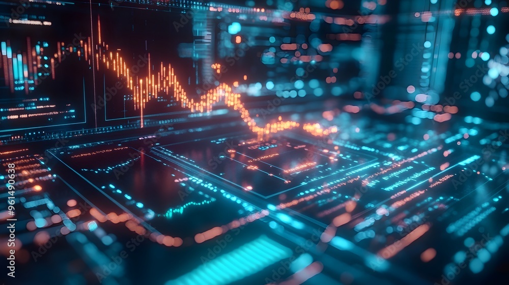 Poster futuristic holographic digital trading platform with live market updates and data visualizations sho