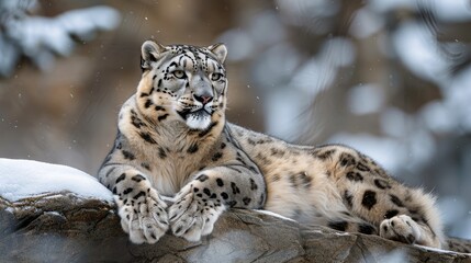  A snow leopard sits atop a large boulder, its front paws balanced on the rock, amidst the snow