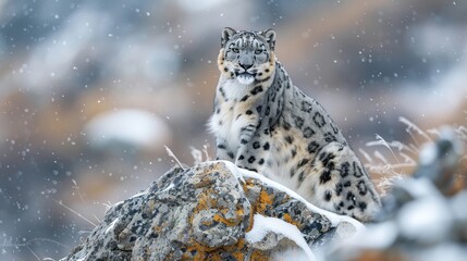Obraz premium A snow leopard atop a rock in a snowy field, surrounded by trees in the background