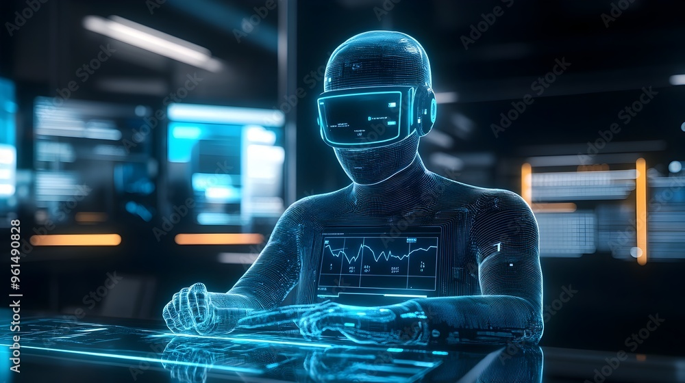 Poster holographic virtual financial advisor displaying interactive investment options and data analytics f