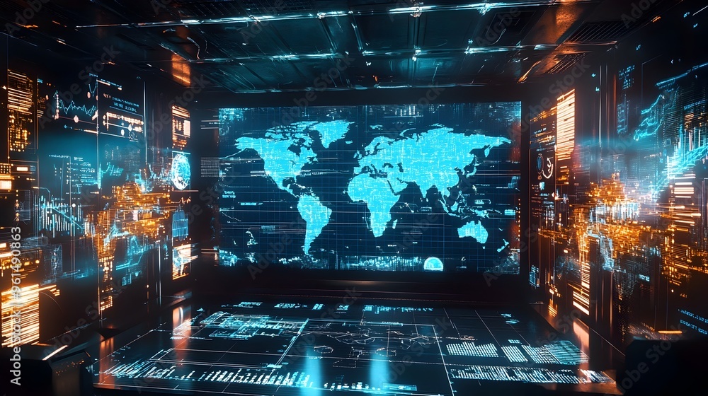 Poster futuristic holographic display showcasing a global financial network with interactive data visualiza