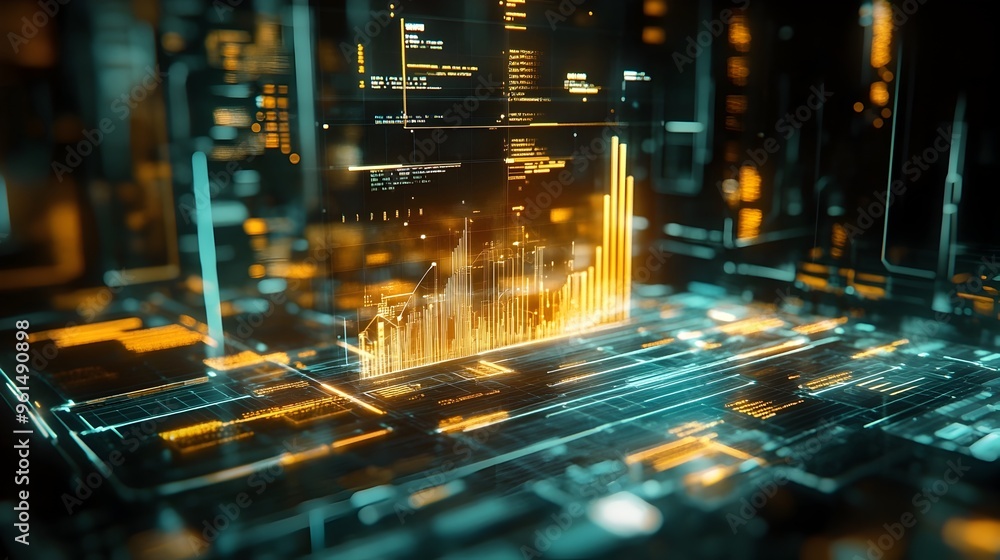 Poster futuristic hologram display showcasing a global financial network with interactive data visualizatio