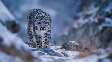  A snow leopard traverses a mountainous landscape, surrounded by rocks and grass in the foreground Snow blankets the ground beneath its paws