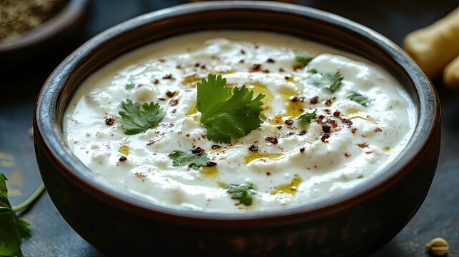 Refreshing Raita in a bowl, garnished with cumin seeds and coriander. Copy space available.