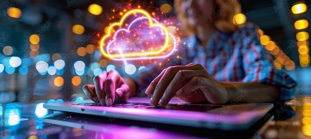 Poster womans hands typing on laptop, illuminated cloud icon symbolizing cloud computing and technology